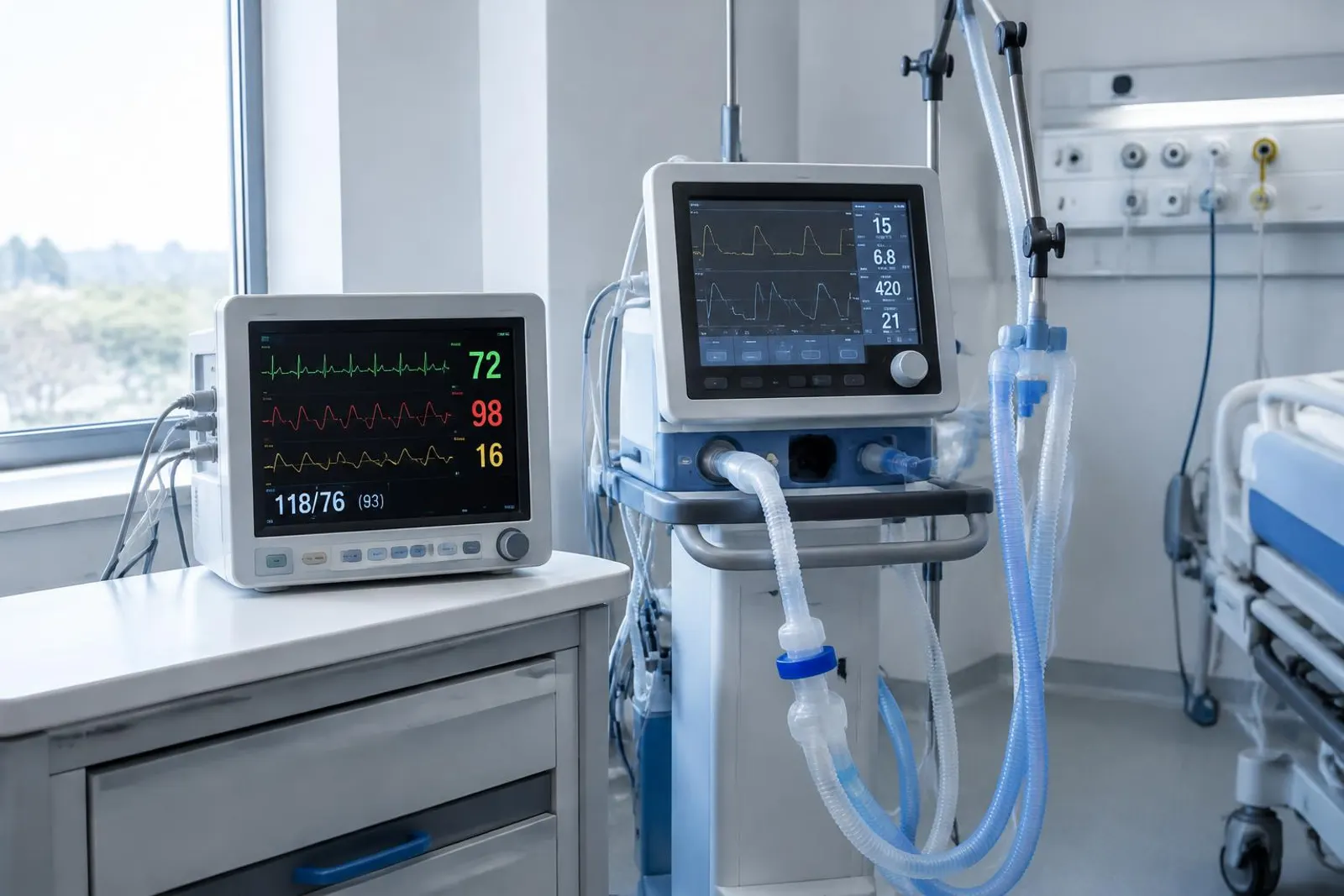 Bancada com monitor multiparâmetro e ventilador pulmonar em sala hospitalar limpa