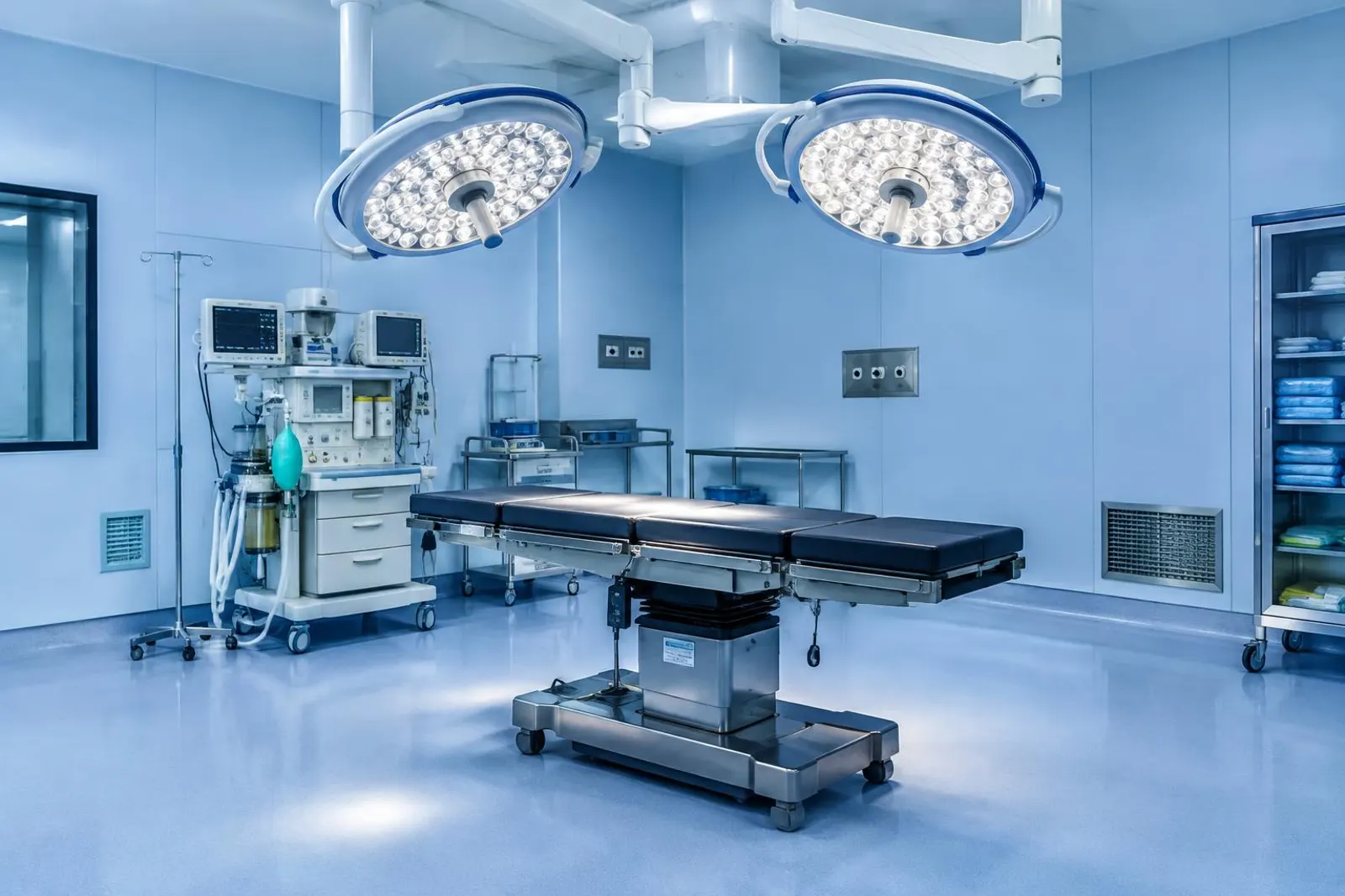 Sala cirúrgica vazia com foco cirúrgico e mesa