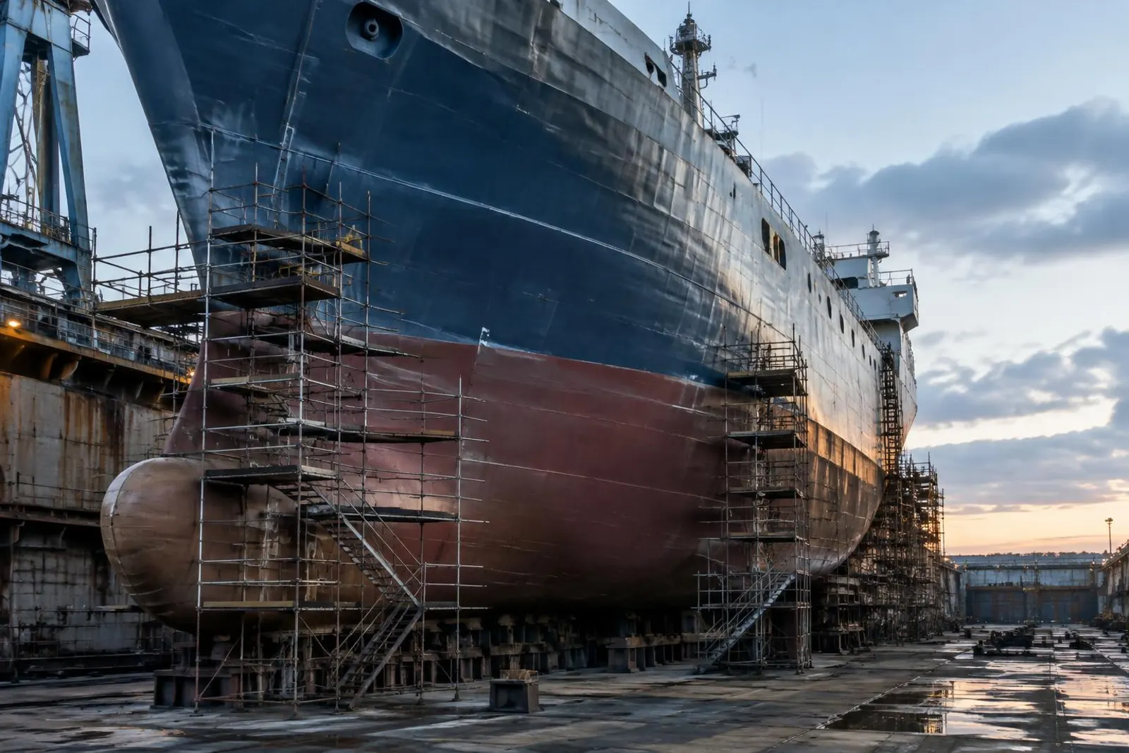 Casco de navio em doca seca de estaleiro com andaimes