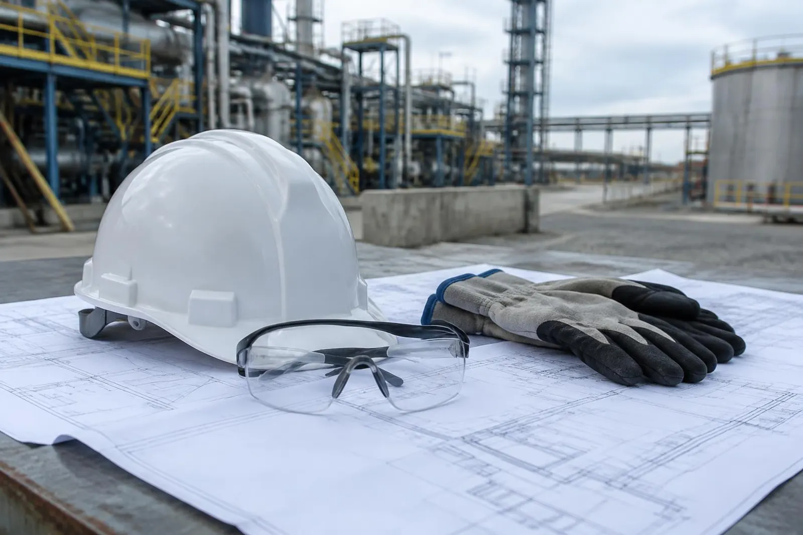 Capacete branco, óculos de proteção e luvas sobre projetos impressos