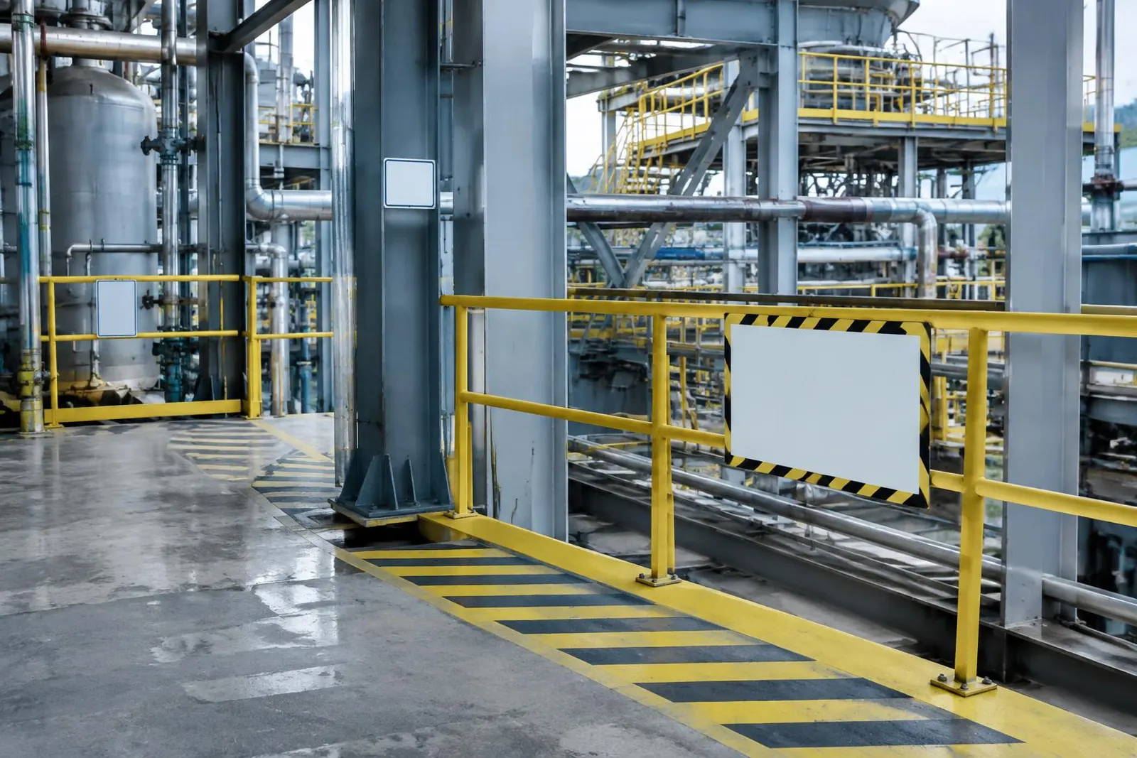 Área industrial com faixas de segurança e corrimões